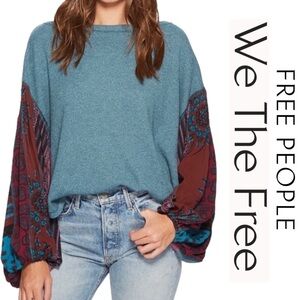 Free People We The Free Teal Blossom Balloon Sleeve Boho Long Sleeve Thermal M